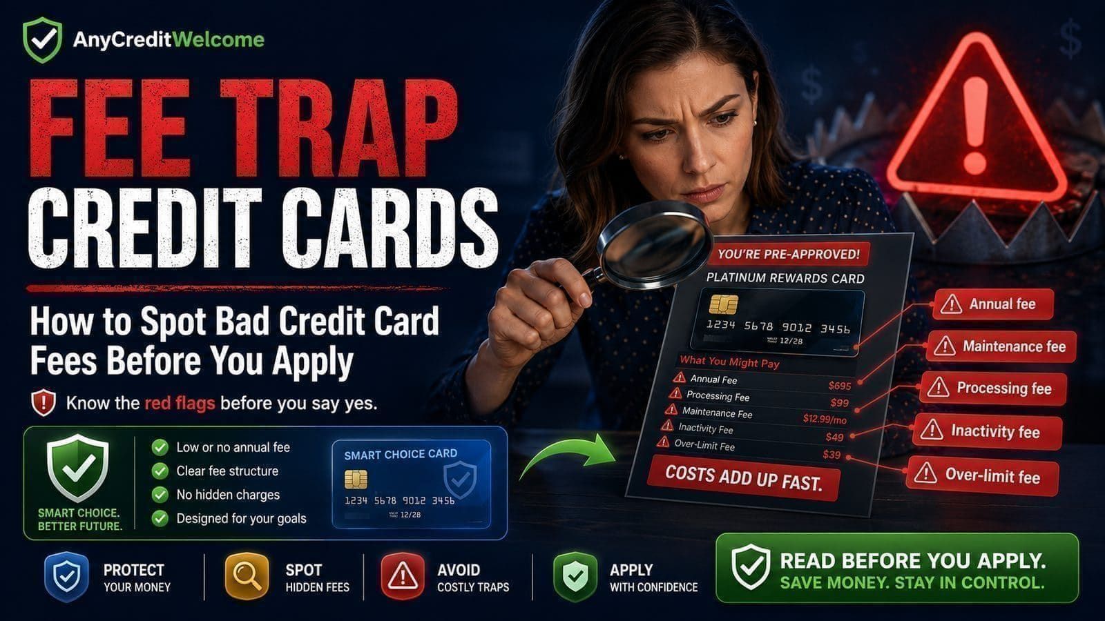 Woman with magnifying glass inspecting a pre-approved credit card offer revealing high annual, processing, maintenance, inactivity and over-limit fees.