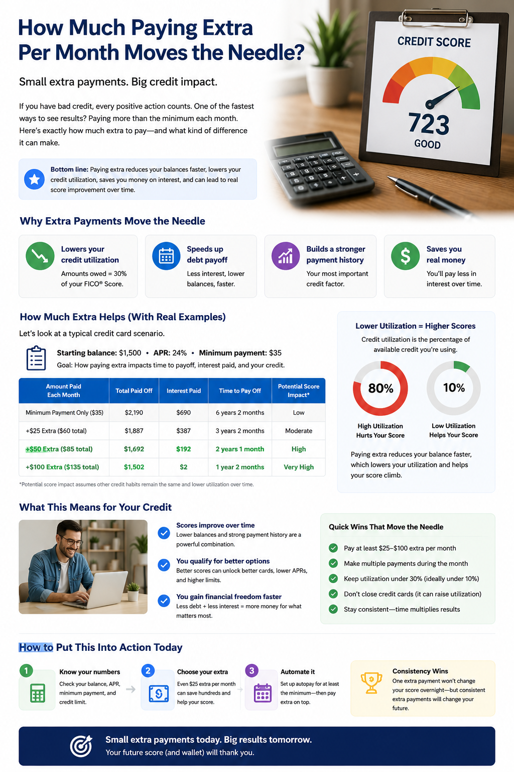 Infographic explaining how extra monthly credit card payments lower utilization, reduce interest, and support credit progress