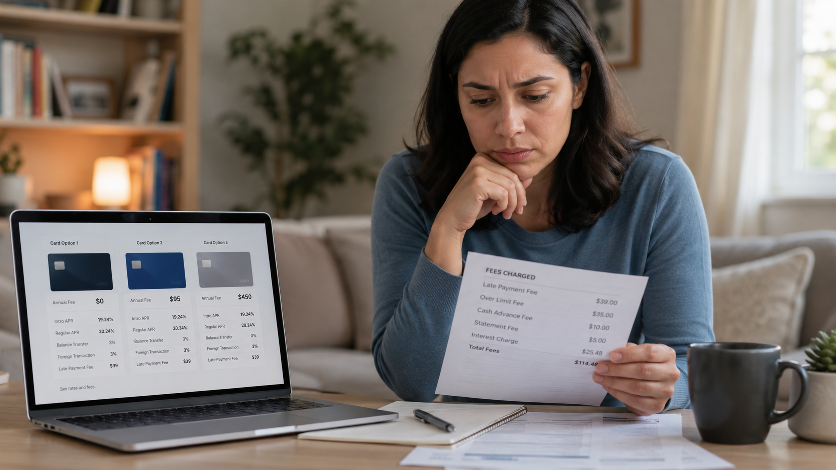 Person comparing credit card fees and offers before applying