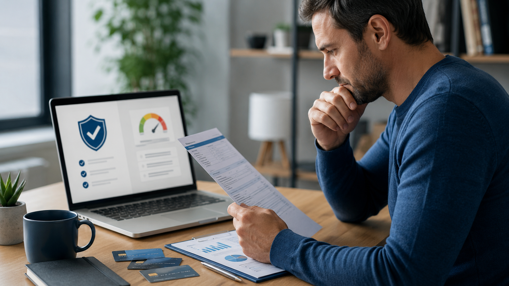 Person reviewing a credit card statement and financial details at a desk