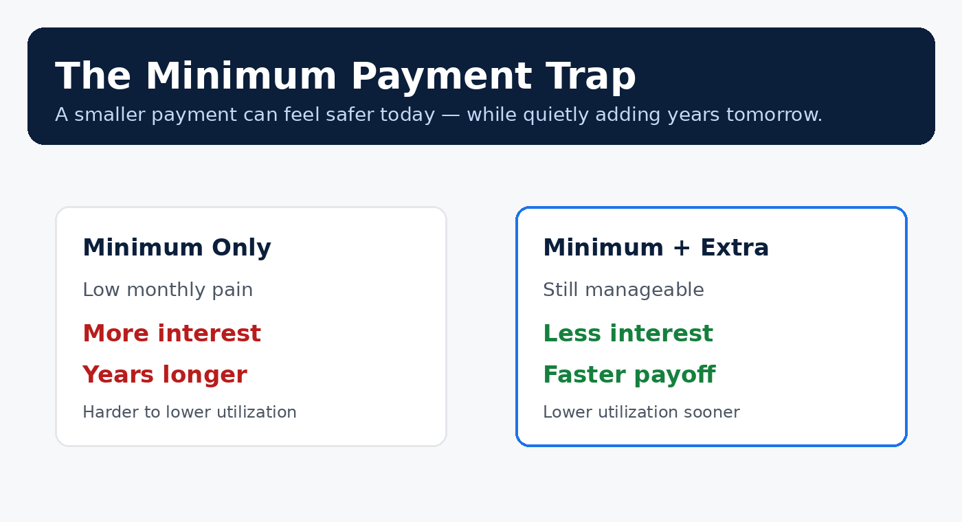 Minimum payment trap visual comparing minimum only versus minimum plus extra payments